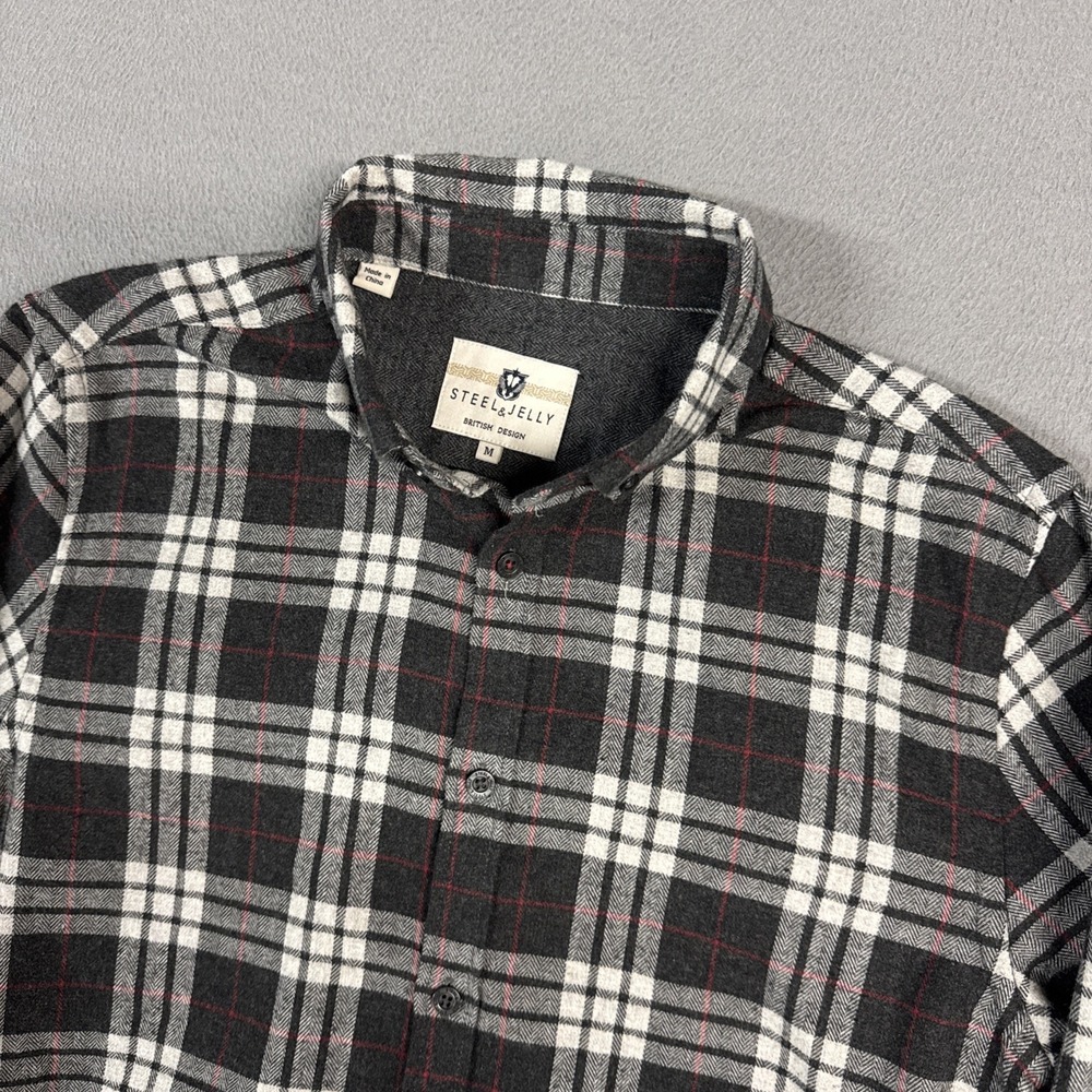 Steel &Jelly Shirt Mens Medium Gray Plaid Herringbone Flannel Long Sleeve Button